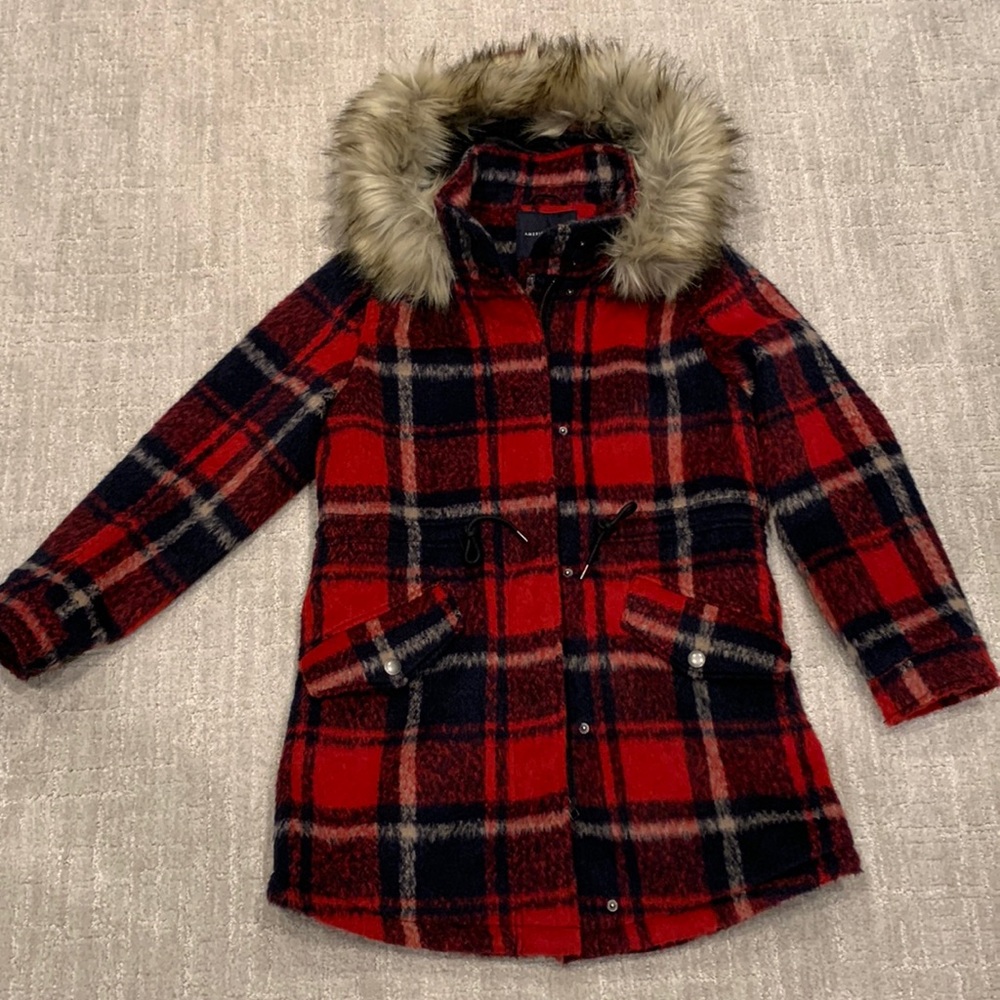 American Eagle plaid coat with furry hood